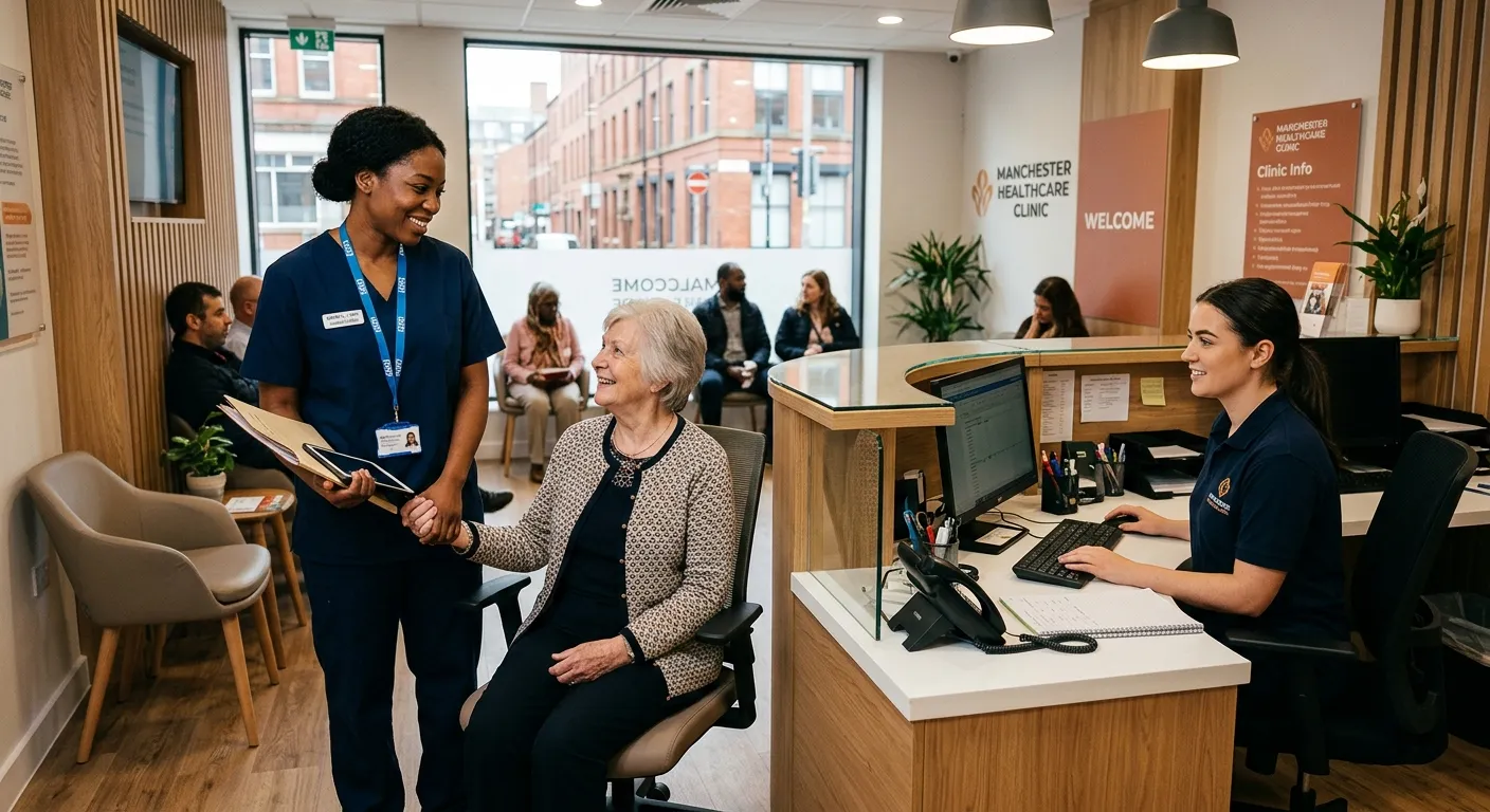A professional, warm-toned photo of a diverse team of healthcare professionals in a modern Mancheste... A professional, warm-toned photo of a diverse team of healthcare professionals in a modern Manchester clinic setting. A friendly female nurse smiles while talking to a senior patient, and a professional Front Desk Medical Receptionist is visible in the background at a clean, organized desk. Style: Authentic, inviting, high-contrast. Mood: Trustworthy, competent, and compassionate.