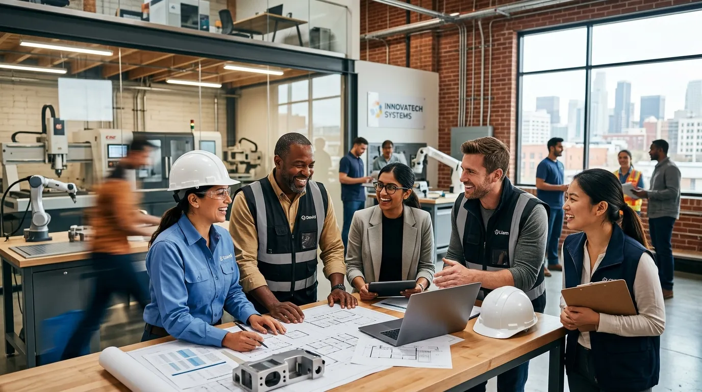A professional, dynamic hero image featuring a diverse group of skilled workers in a modern industrial or office setting, smiling and collaborating. The mood should be energetic, trustworthy, and forward-thinking, with a focus on human connection and professional excellence.