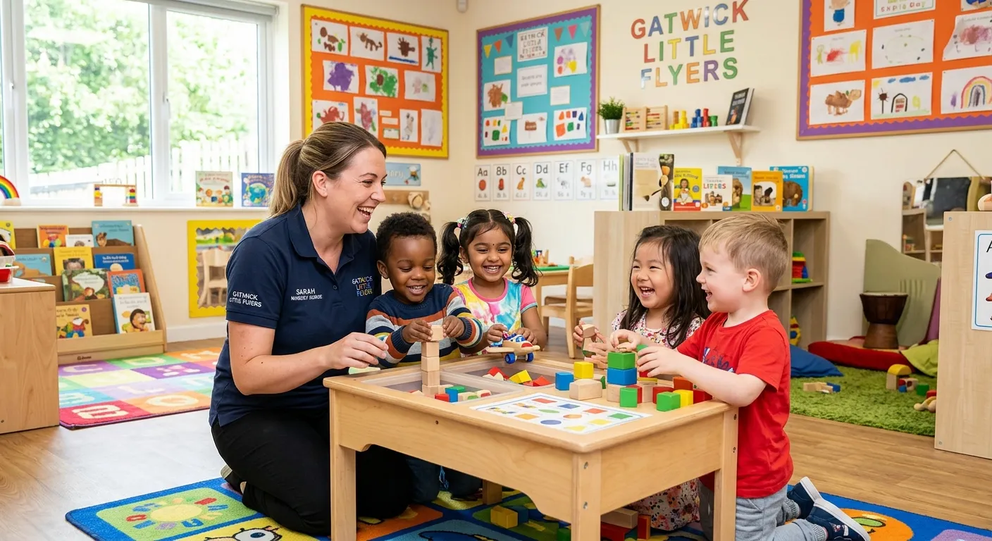 A professional, warm photograph of a Nursery Nurse interacting happily with a small group of diverse young children in a bright, well-equipped nursery setting in Gatwick. The image should convey care, professionalism, and a positive work environment.