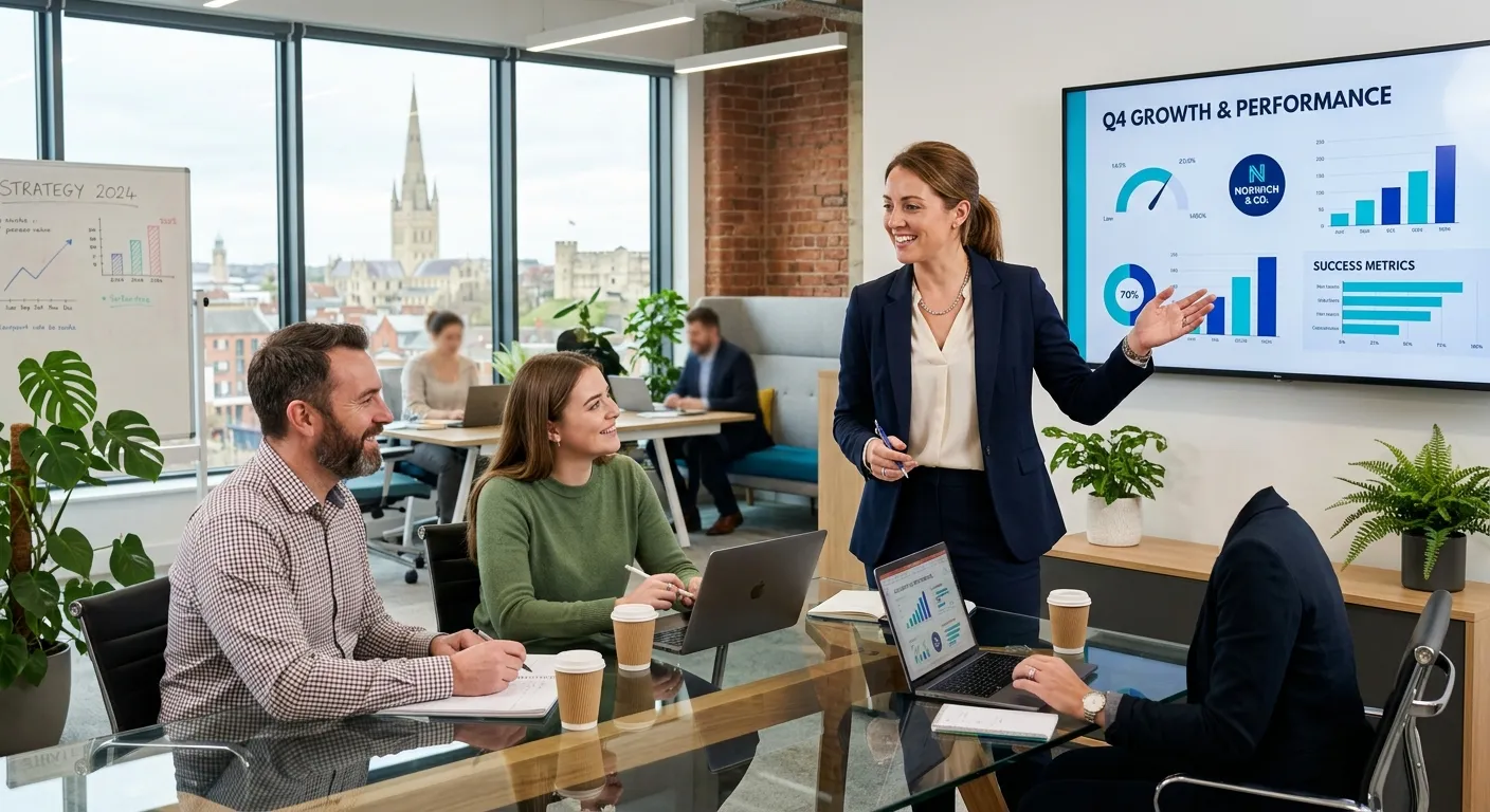 A confident, professional Sales Representative in a modern Norwich office setting, smiling while discussing a presentation with colleagues, conveying a collaborative and successful work environment.