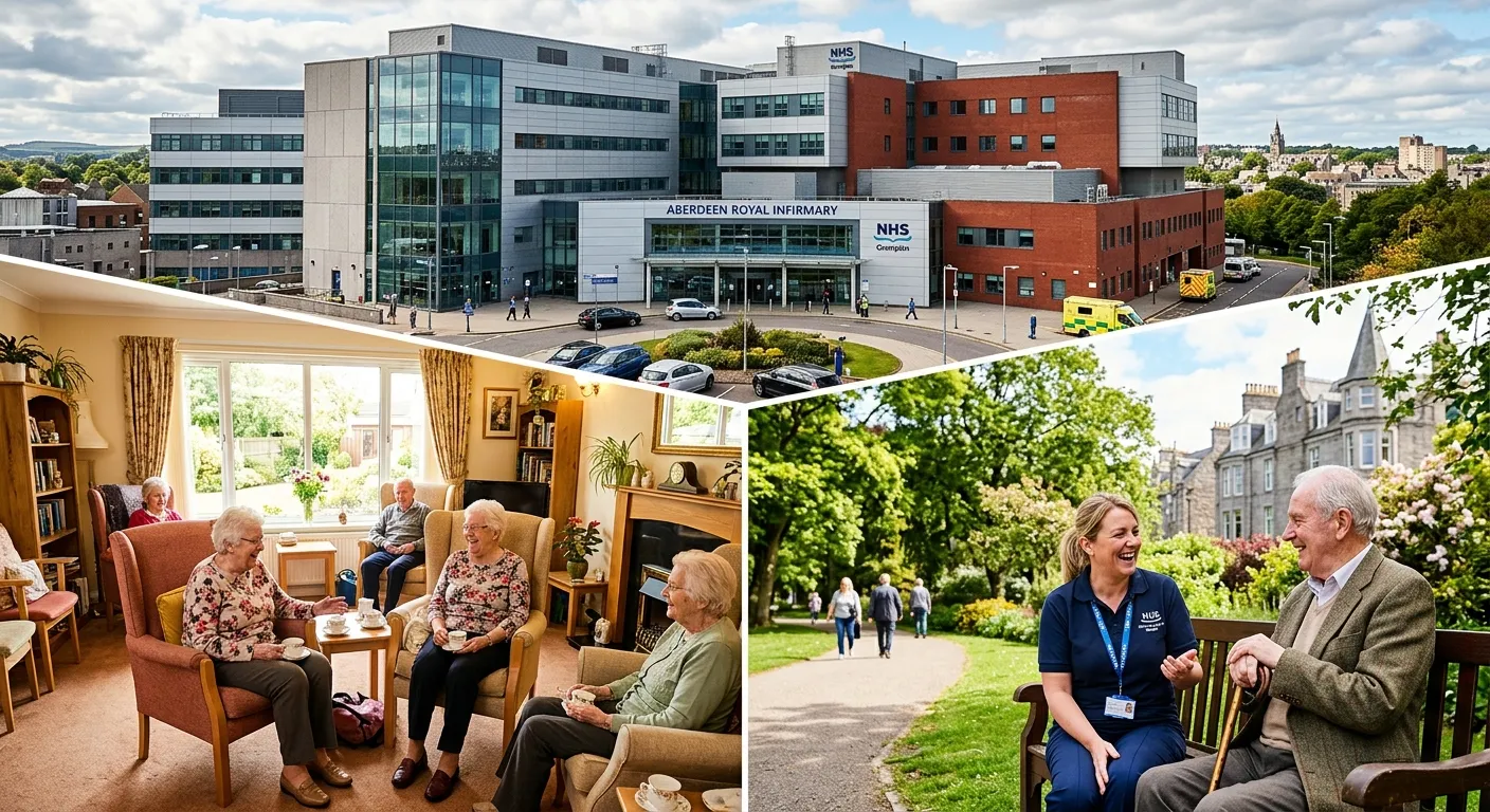 A collage-style image showing three distinct healthcare settings in Aberdeen: the modern facade of Aberdeen Royal Infirmary, a cozy, sunlit common room in a local care home, and a community support worker chatting with a client in a park.