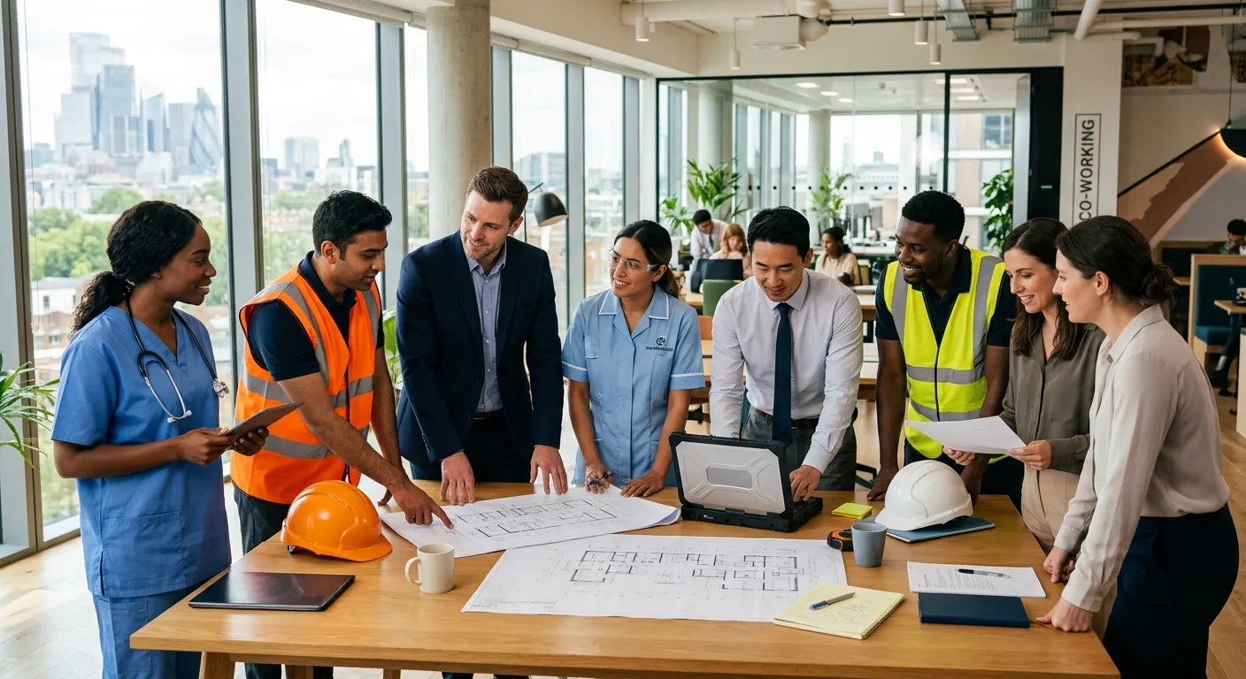 A diverse group of professional workers in various uniforms—healthcare scrubs, high-visibility vests, and office attire—collaborating in a modern, sunlit workspace, symbolizing partnership and reliable staffing solutions.