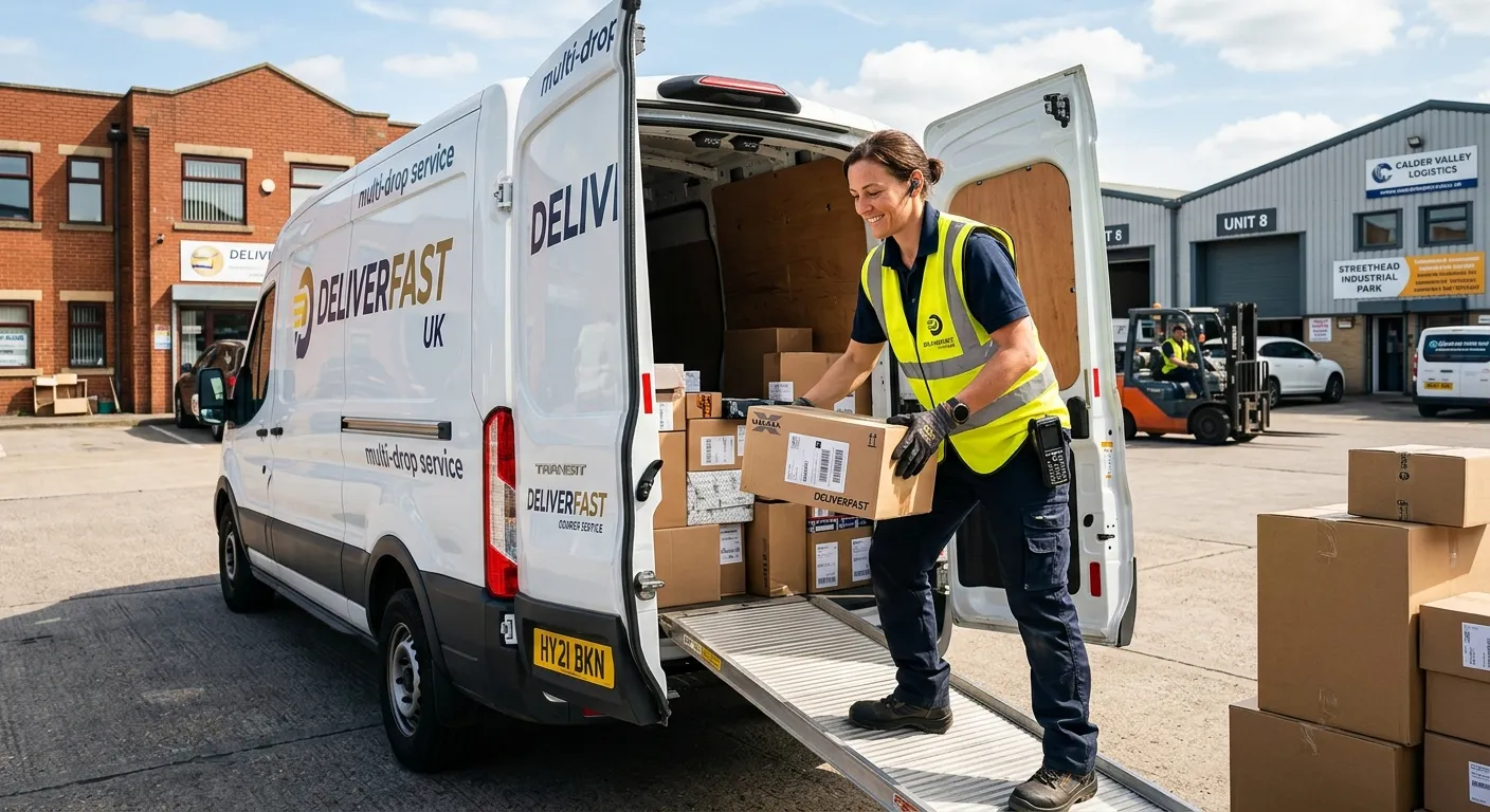 A confident, professional multi-drop driver in high-visibility vest, loading parcels into a van on a sunny day in a Halifax industrial estate. Style: Authentic, professional, and aspirational.
