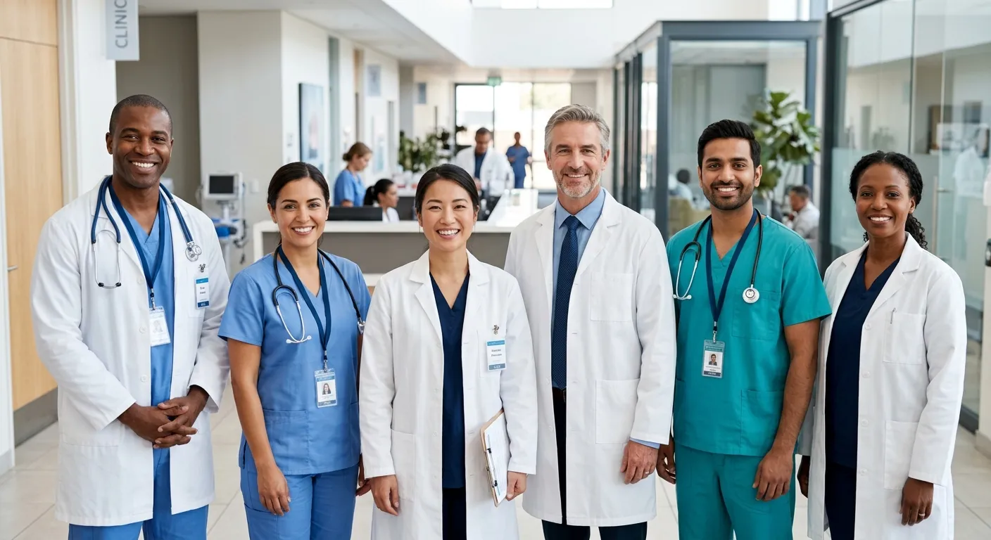 A diverse team of professional healthcare workers in scrubs and lab coats, smiling confidently in a modern, well-lit hospital or clinic setting. Style: Professional, trustworthy, high-resolution. Mood: Competent, collaborative, and forward-looking.