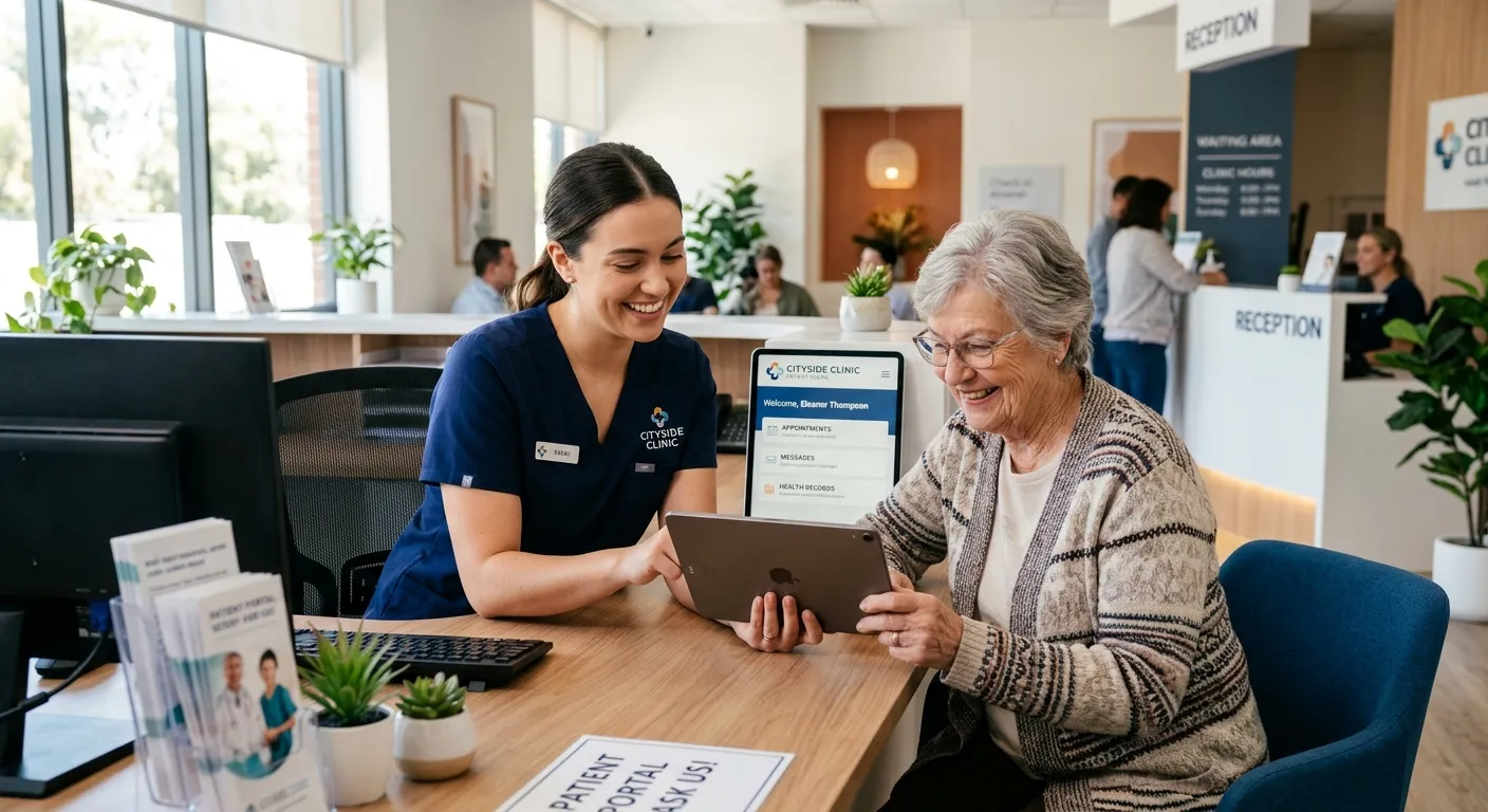 A modern, friendly medical receptionist in a well-lit clinic, assisting an elderly patient with usin... A modern, friendly medical receptionist in a well-lit clinic, assisting an elderly patient with using a tablet to access a patient portal, both smiling.