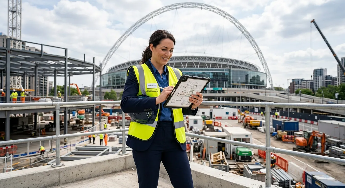 A professional, confident Project Manager in a modern office or construction site setting in Wembley... A professional, confident Project Manager in a modern office or construction site setting in Wembley, reviewing plans on a tablet with the Wembley Stadium arch visible in the background. Style: professional, realistic, aspirational.