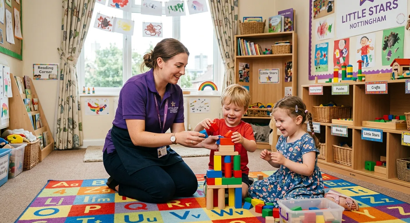 A friendly Nursery Nurse in a bright, well-organized Nottingham nursery room, kneeling and smiling as she helps two young children build with colourful blocks.