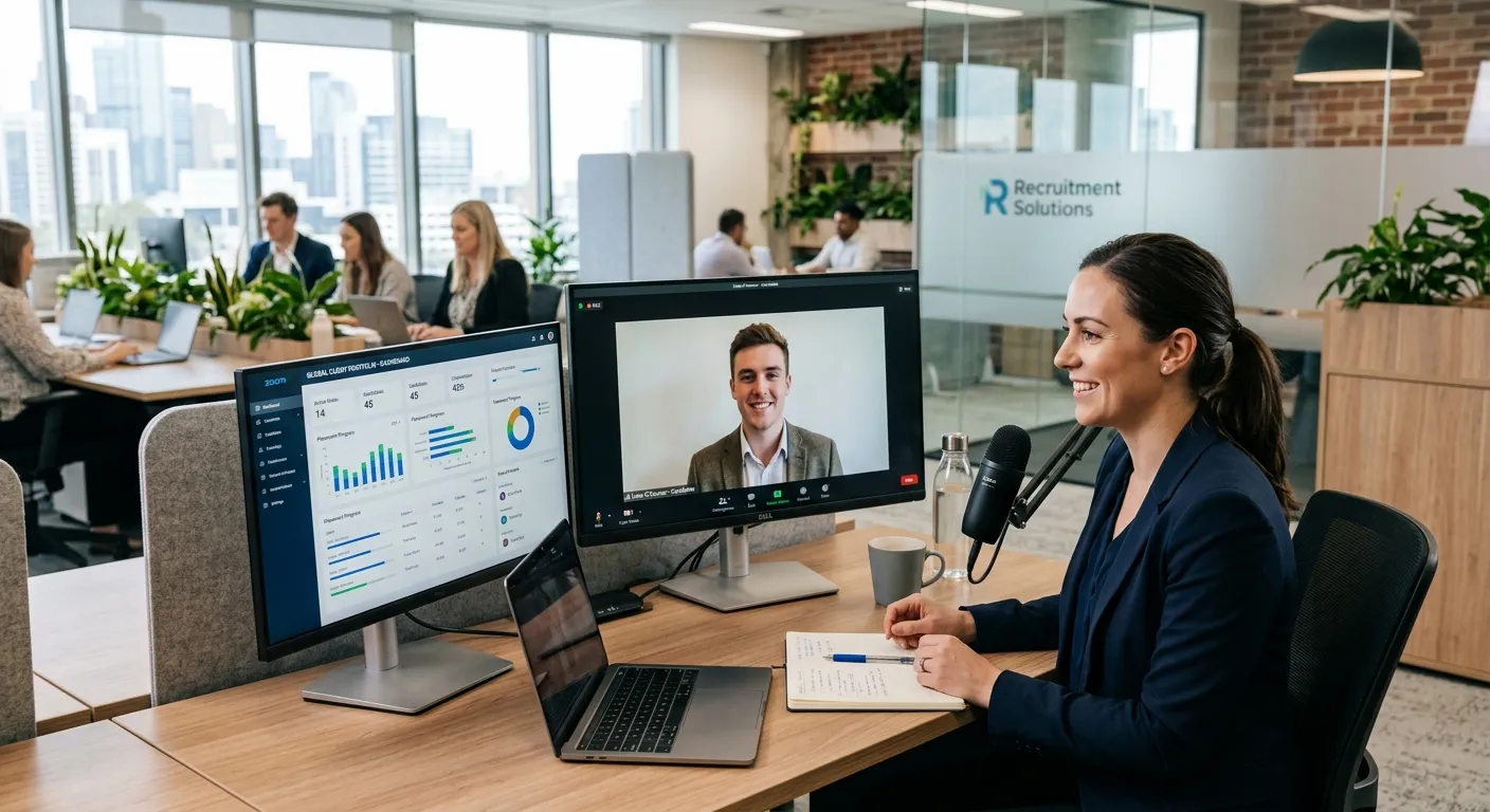 Modern, professional office environment where a recruitment consultant is video-interviewing a candidate on a large monitor, with a second screen showing a client dashboard. Style: Bright, clean, and tech-focused with a human touch.