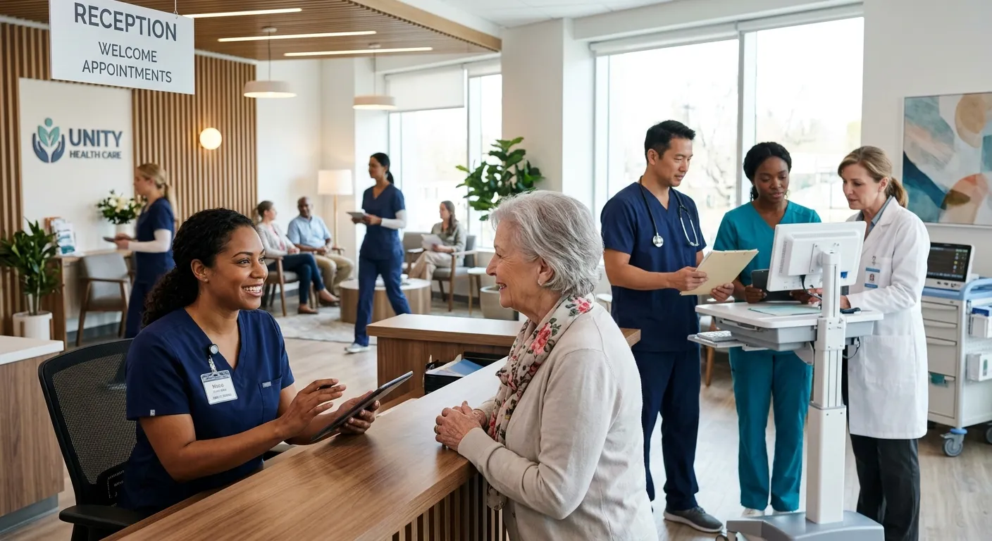 A diverse, professional team of healthcare workers in a modern clinic setting, including a Medical F... A diverse, professional team of healthcare workers in a modern clinic setting, including a Medical Front Desk Receptionist warmly greeting a patient and clinicians collaborating in the background. Style is bright, crisp, and conveys trust, efficiency, and human connection.