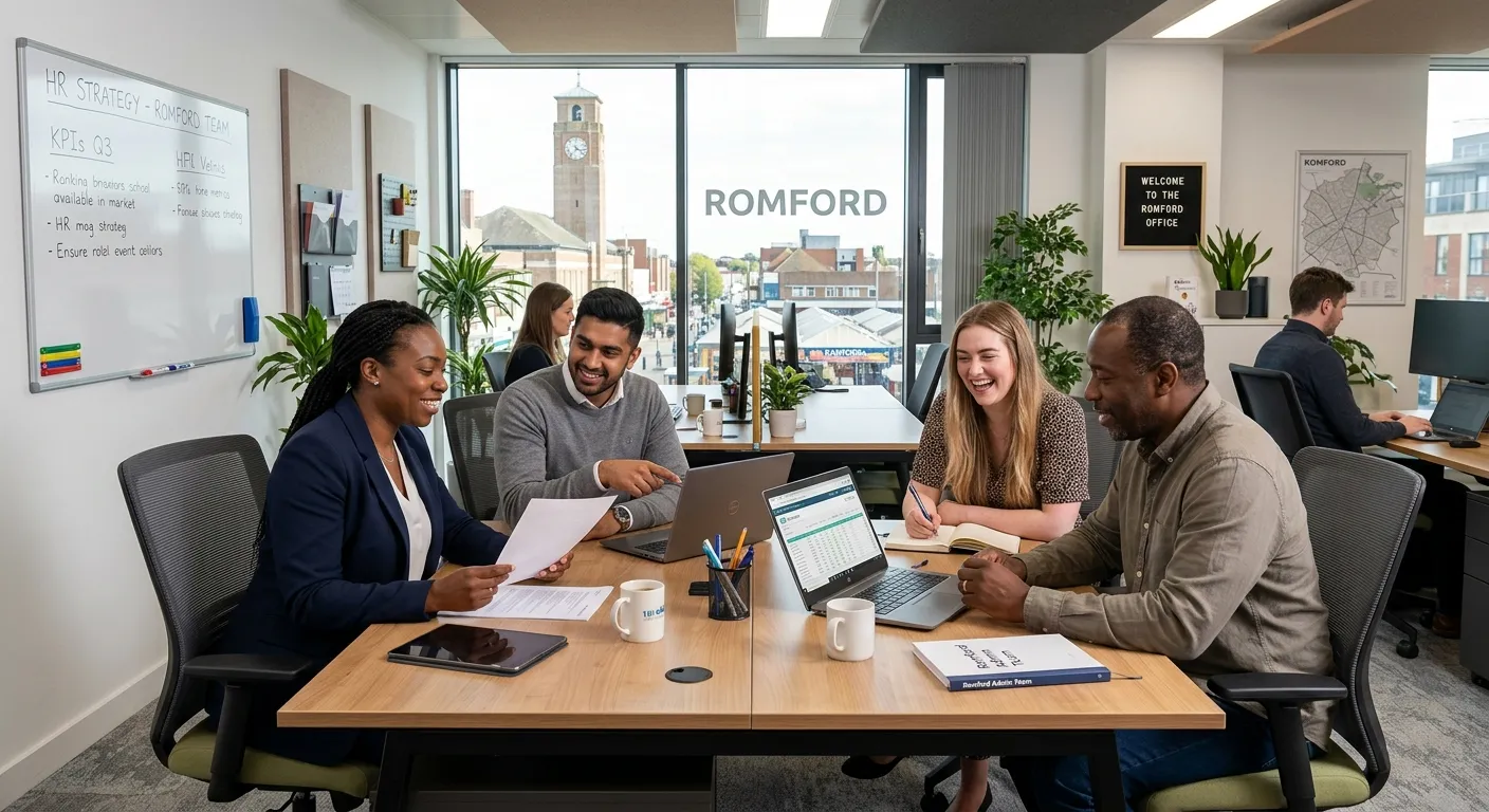 A professional, welcoming office environment in Romford, featuring a diverse team of HR and administrative professionals collaborating at a modern desk. The mood is efficient, supportive, and locally relevant, with subtle nods to the Romford area.
