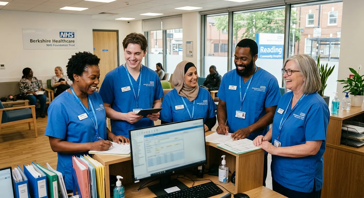 A diverse, professional team of healthcare support workers in a bright, modern clinic setting in Rea... A diverse, professional team of healthcare support workers in a bright, modern clinic setting in Reading, smiling and collaborating. Style: Authentic, warm, professional stock photo. Mood: Trustworthy, capable, and community-focused.