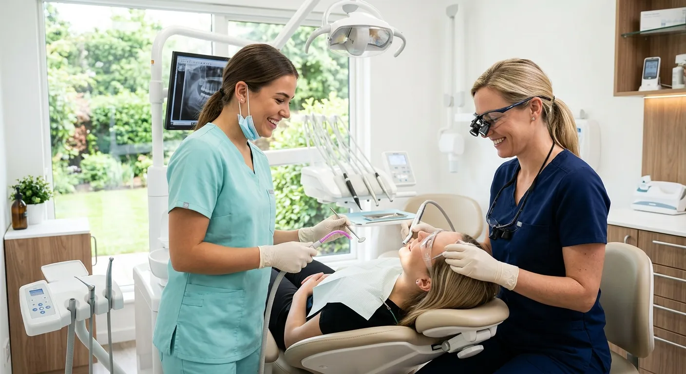 A professional, high-resolution photo of a modern, bright dental clinic. A dentist and a dental nurse are smiling and working together on a patient, conveying a sense of seamless teamwork and professional care.
