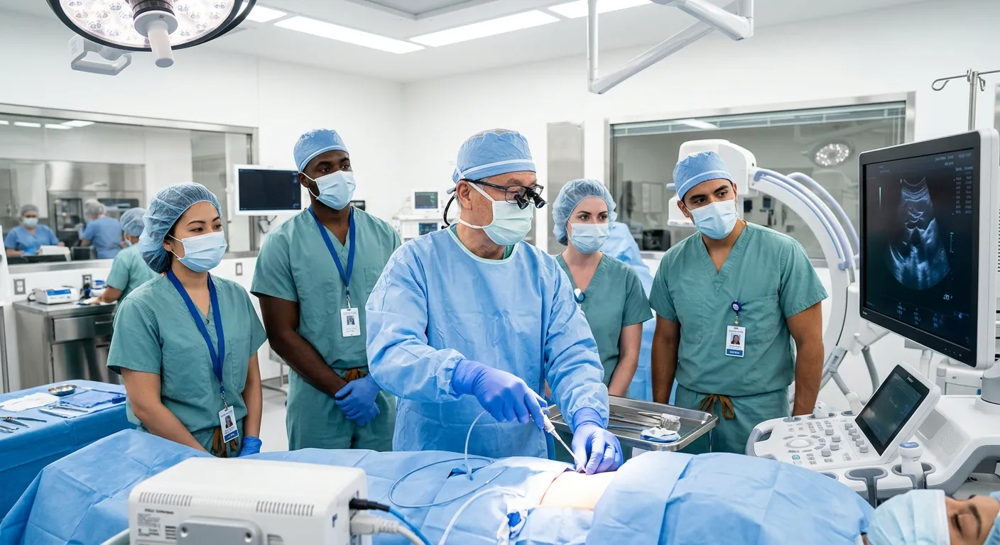 A professional, high-contrast image of a diverse team of healthcare professionals in a modern clinic setting, observing a senior doctor perform a procedure. Focus on engagement, learning, and a clean, bright environment. Style: professional healthcare, mood: collaborative and knowledgeable.