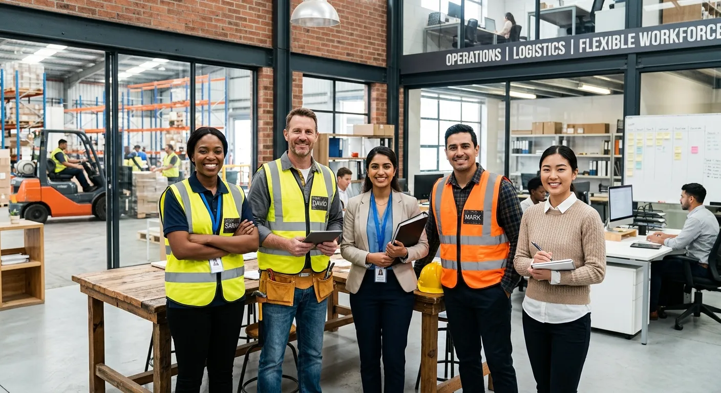 A diverse group of professional temporary workers in high-vis vests and office attire, smiling confidently in a modern industrial office setting, representing the flexibility and expertise of a top temping agency.