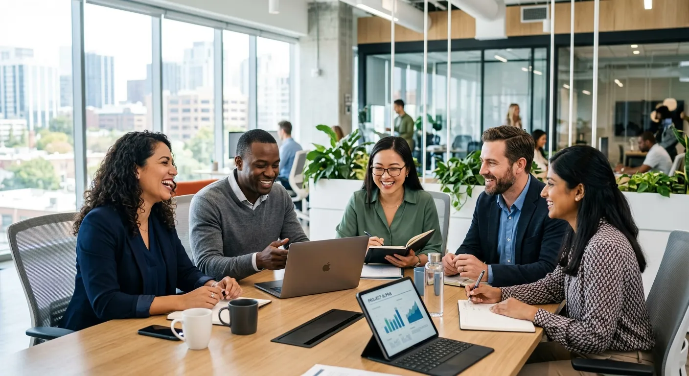 A diverse group of professional, smiling employees in a modern office environment, collaborating around a table. Style: Professional, bright, high-resolution corporate photography. Mood: Confident, collaborative, and forward-thinking.
