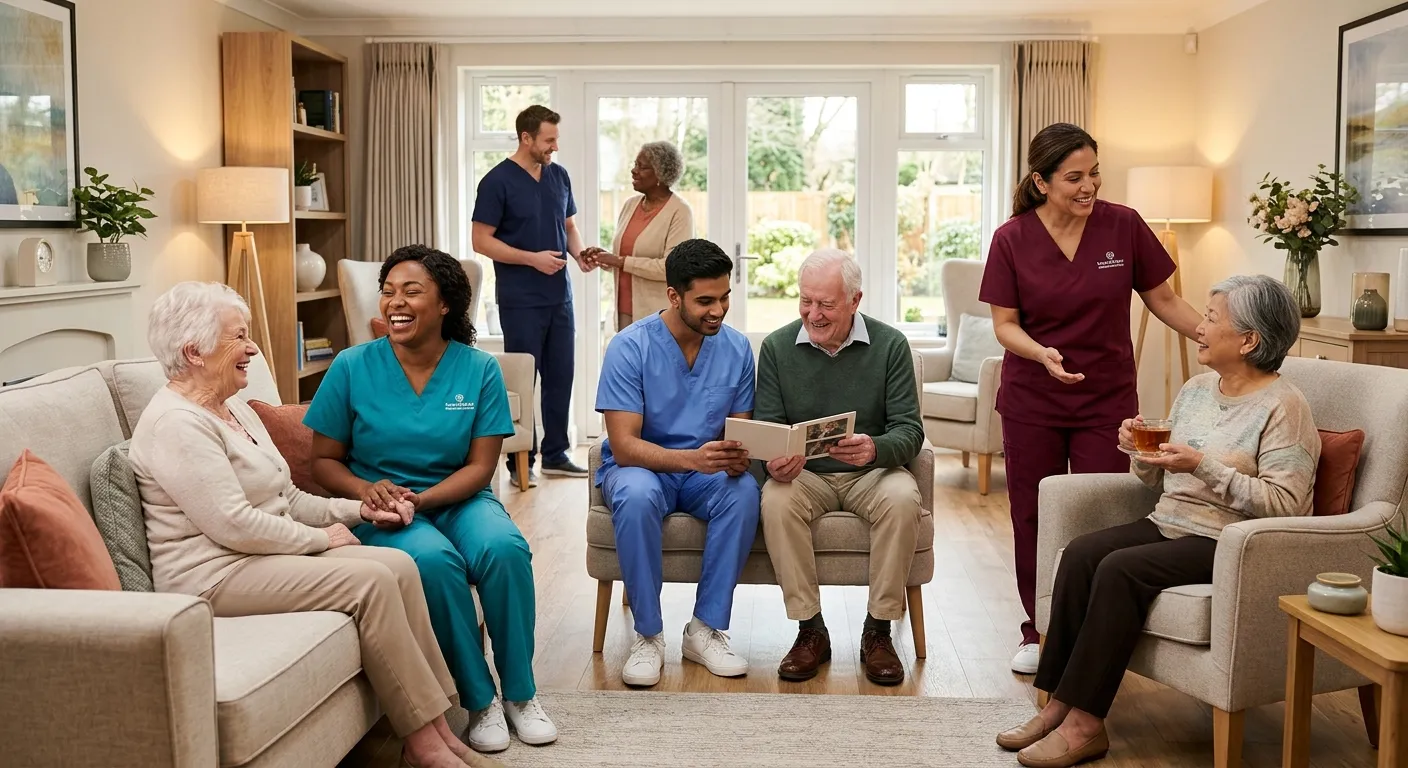 A diverse, professional team of care workers in a modern, bright care home lounge, smiling and engag... A diverse, professional team of care workers in a modern, bright care home lounge, smiling and engaging with elderly residents. Style: Warm, authentic, high-resolution professional photography. Mood: Trustworthy, compassionate, and competent.