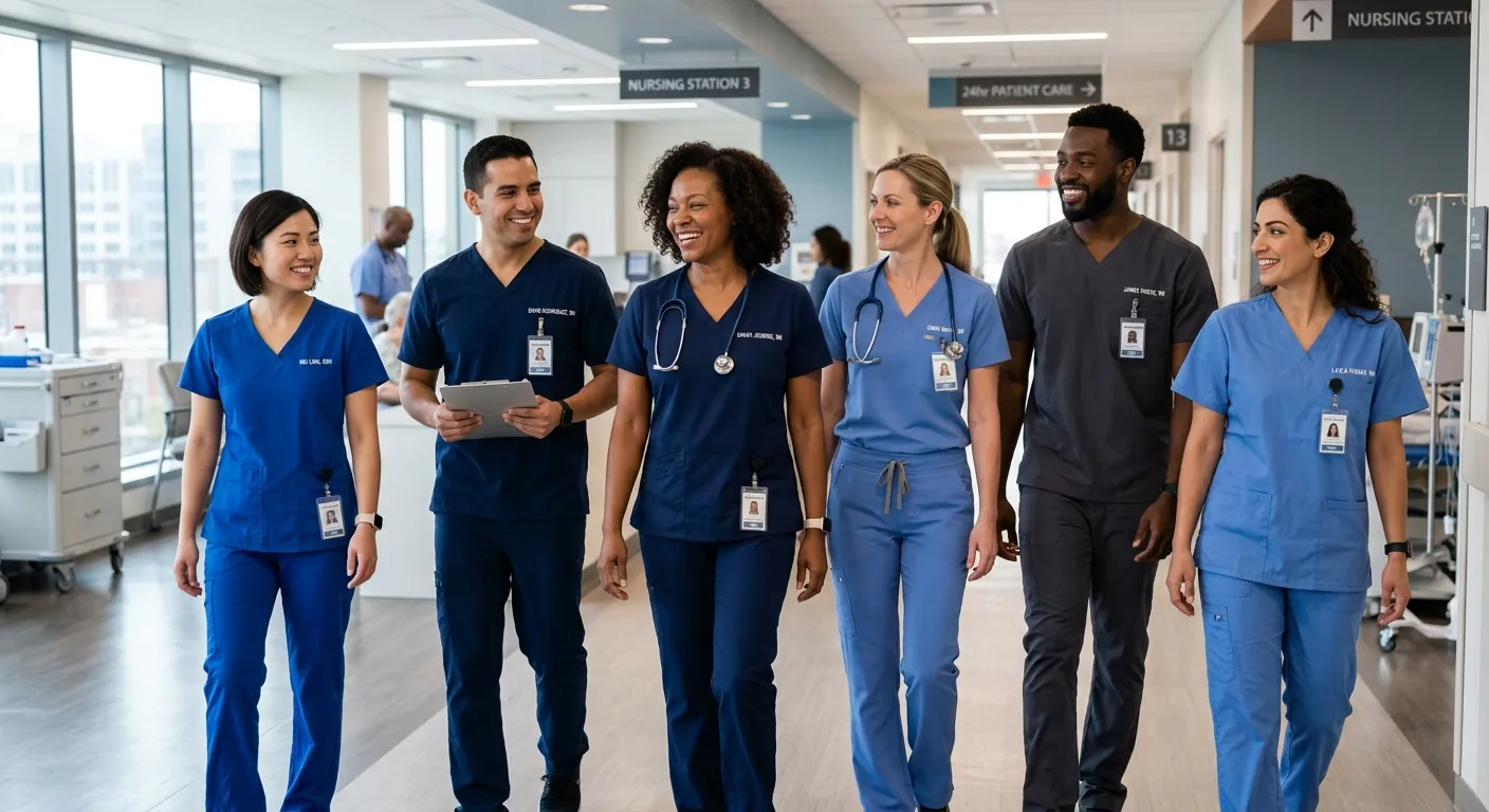 A diverse group of professional nurses in modern healthcare uniforms, smiling confidently in a bright hospital corridor, conveying trust and expertise.