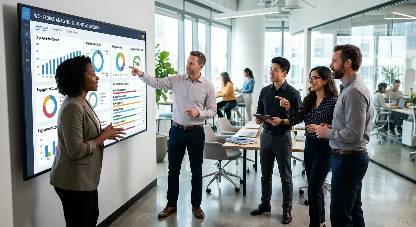 Professional, dynamic image of a diverse team collaborating in a modern office setting, with a focus on a digital dashboard displaying workforce analytics and job postings. Style: Corporate, vibrant, and forward-looking.