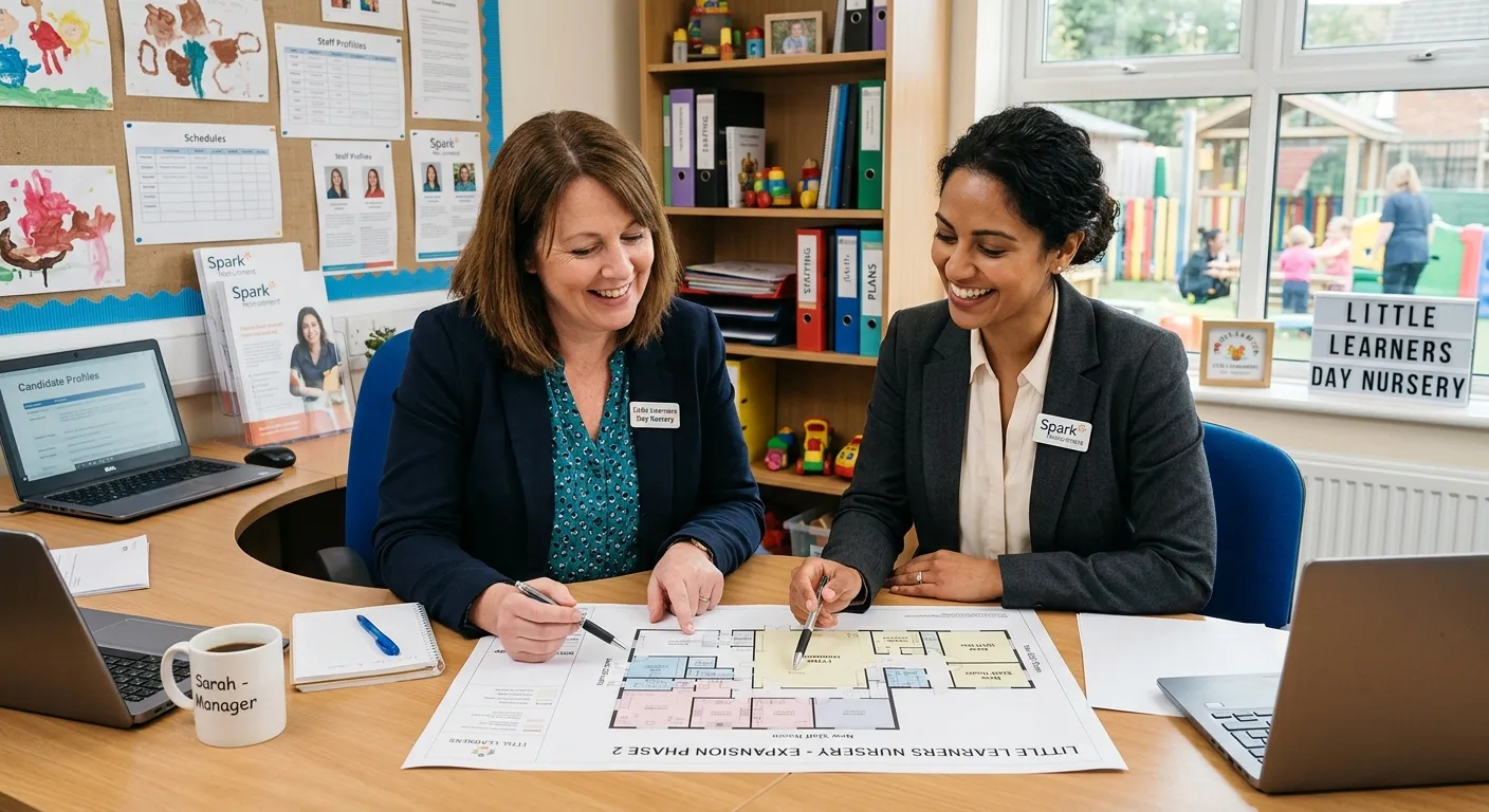 A professional photo of two people in a nursery office, one a nursery manager and the other a recruitment consultant, looking over plans and smiling collaboratively.