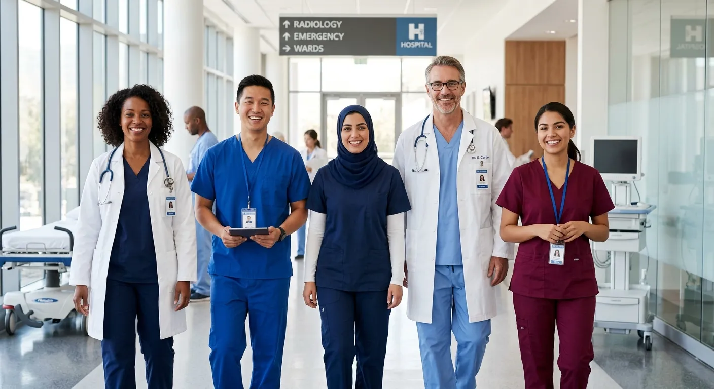 A diverse team of professional healthcare workers in scrubs and lab coats, smiling confidently in a modern, bright hospital corridor. Style: Professional, warm, and high-resolution. Mood: Trustworthy, competent, and collaborative.