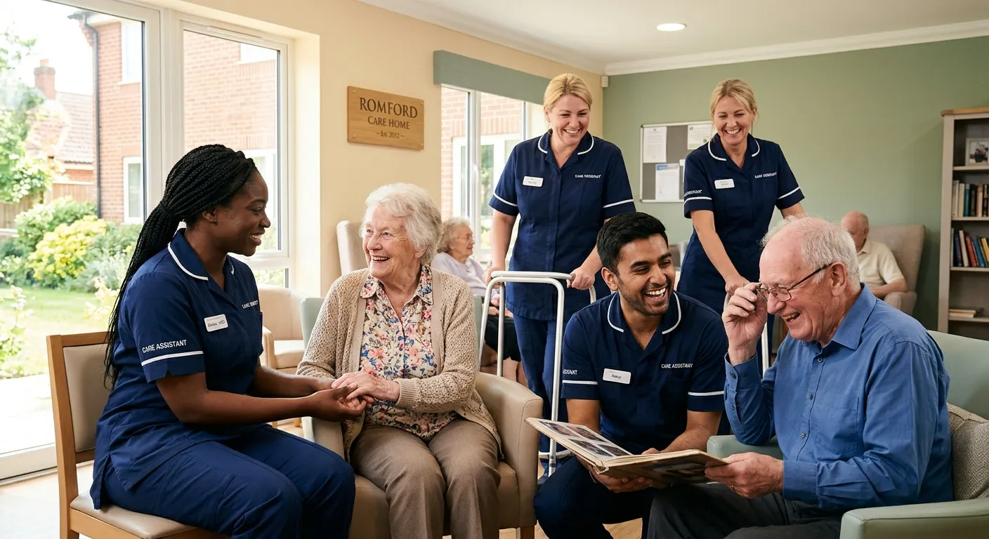 A professional, diverse group of healthcare assistants in a modern Romford care home setting, smiling and engaged in supportive patient care. Bright, warm, and trustworthy mood.