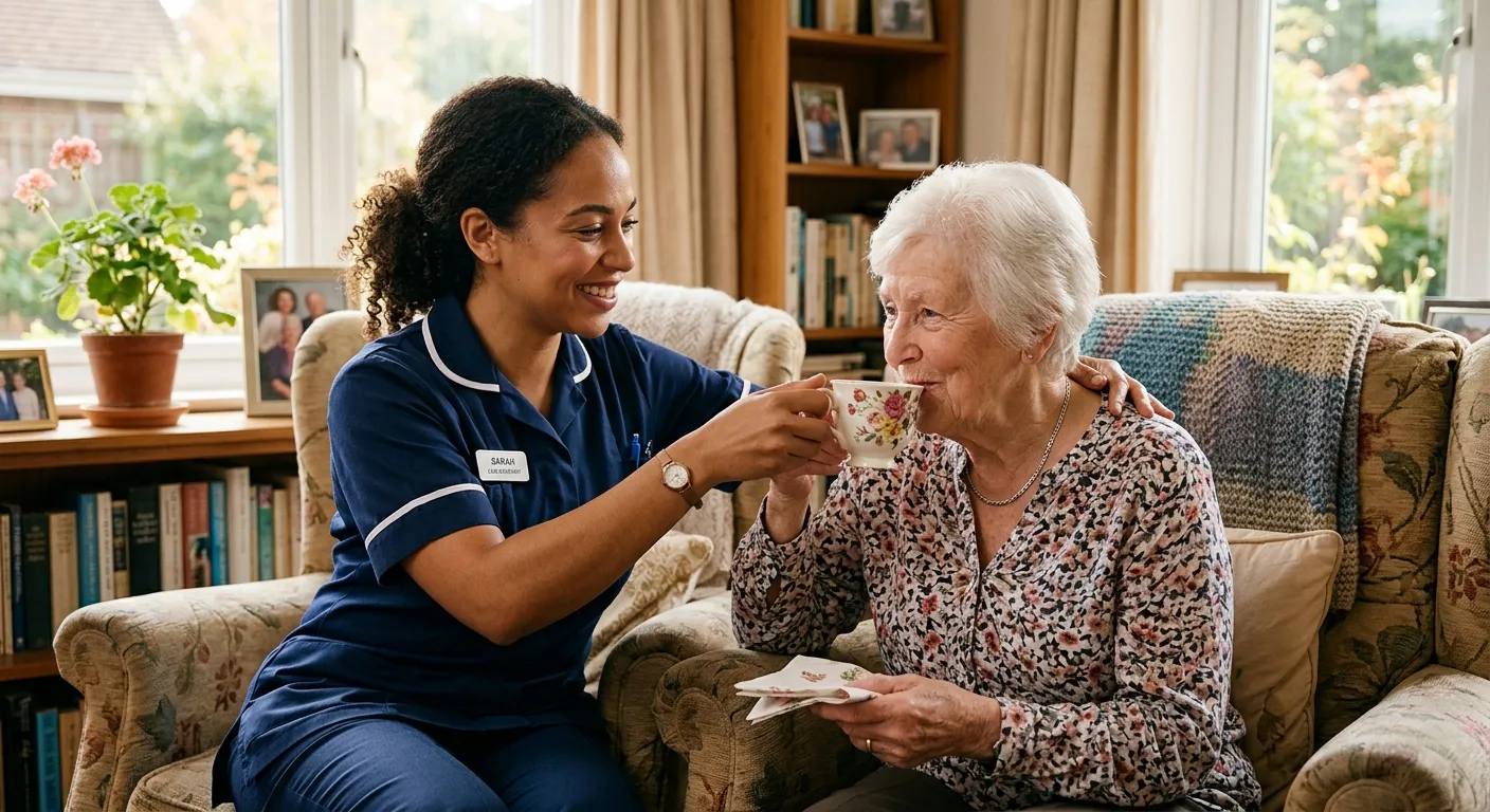 A compassionate Care Assistant of mixed heritage smiling while gently assisting an elderly woman with white hair in a sunny, homely living room, helping her drink from a cup. The image should feel warm, respectful, and professional.