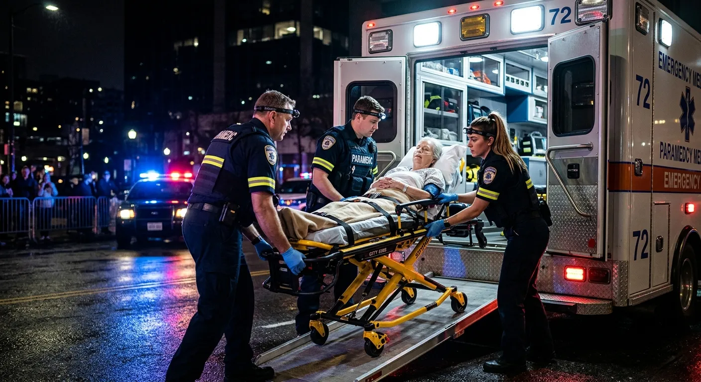 A professional paramedic team in action, loading a patient into an ambulance under dramatic, focused lighting. The mood is urgent, competent, and high-stakes.