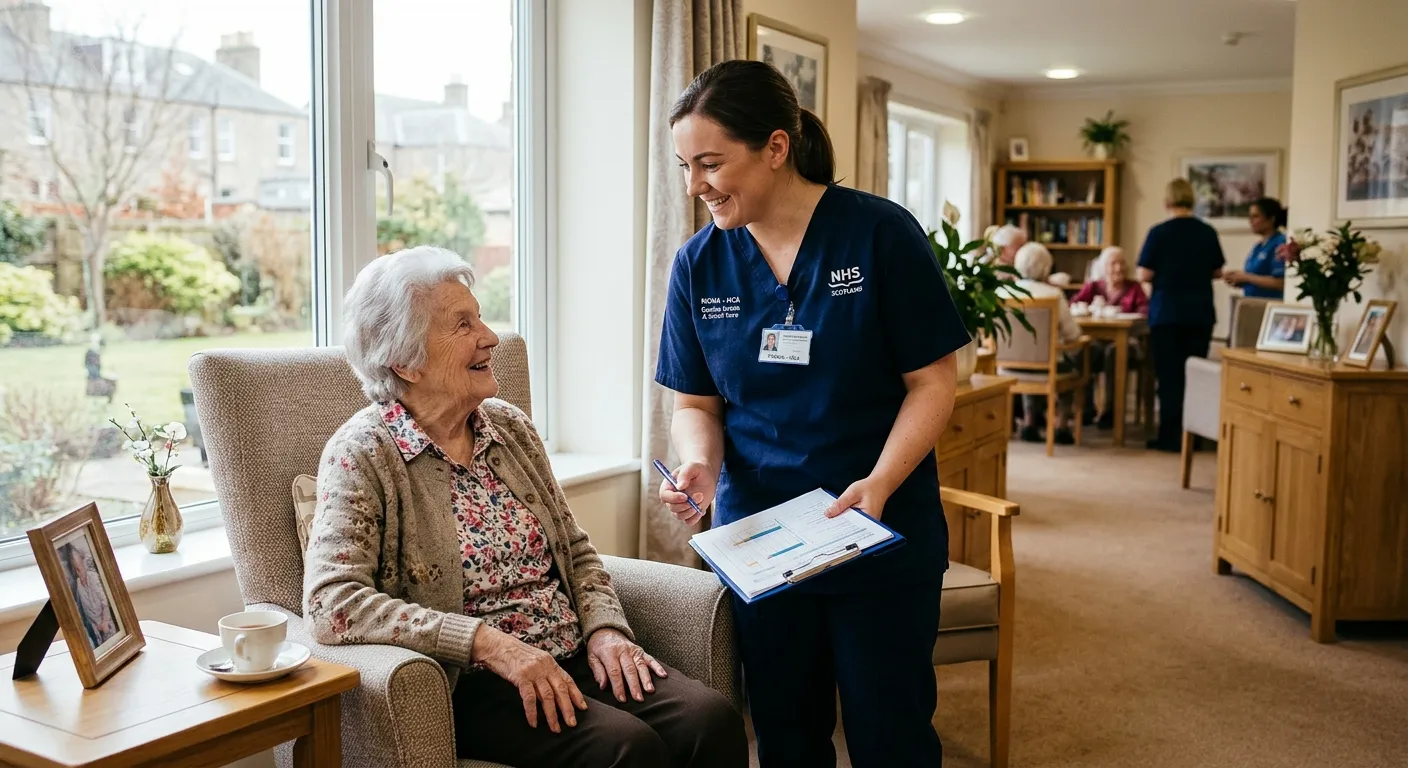 A professional, warm, and compassionate scene of a Healthcare Assistant in Dundee, providing support... A professional, warm, and compassionate scene of a Healthcare Assistant in Dundee, providing support to an elderly patient in a bright, clean care home setting. The assistant is smiling, holding a clipboard, and engaging with the patient. Style: Professional healthcare photography, natural lighting, conveying trust and care.