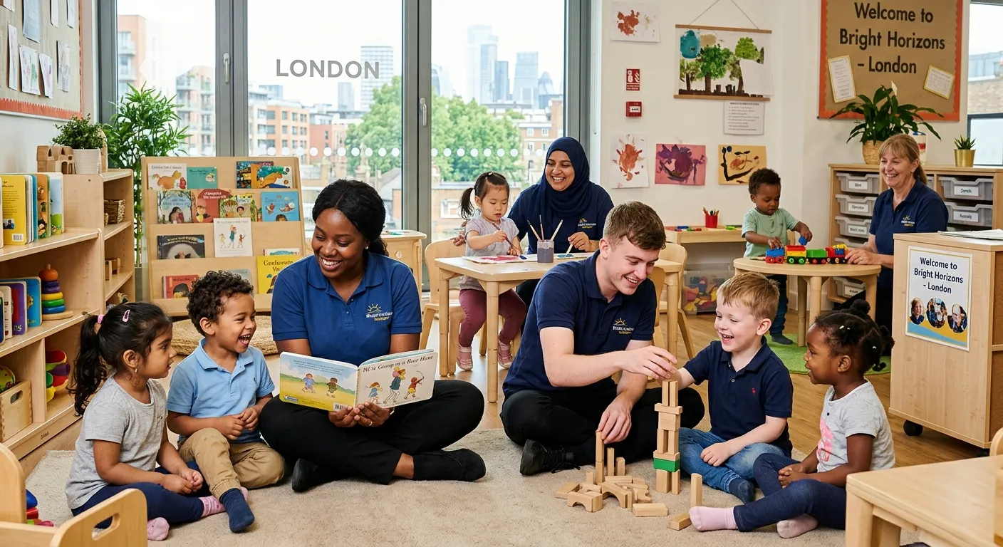 A warm, professional photo of a diverse group of Nursery Nurses and Practitioners engaging happily w... A warm, professional photo of a diverse group of Nursery Nurses and Practitioners engaging happily with young children in a bright, modern London nursery setting. Focus on authentic interaction and a nurturing environment.