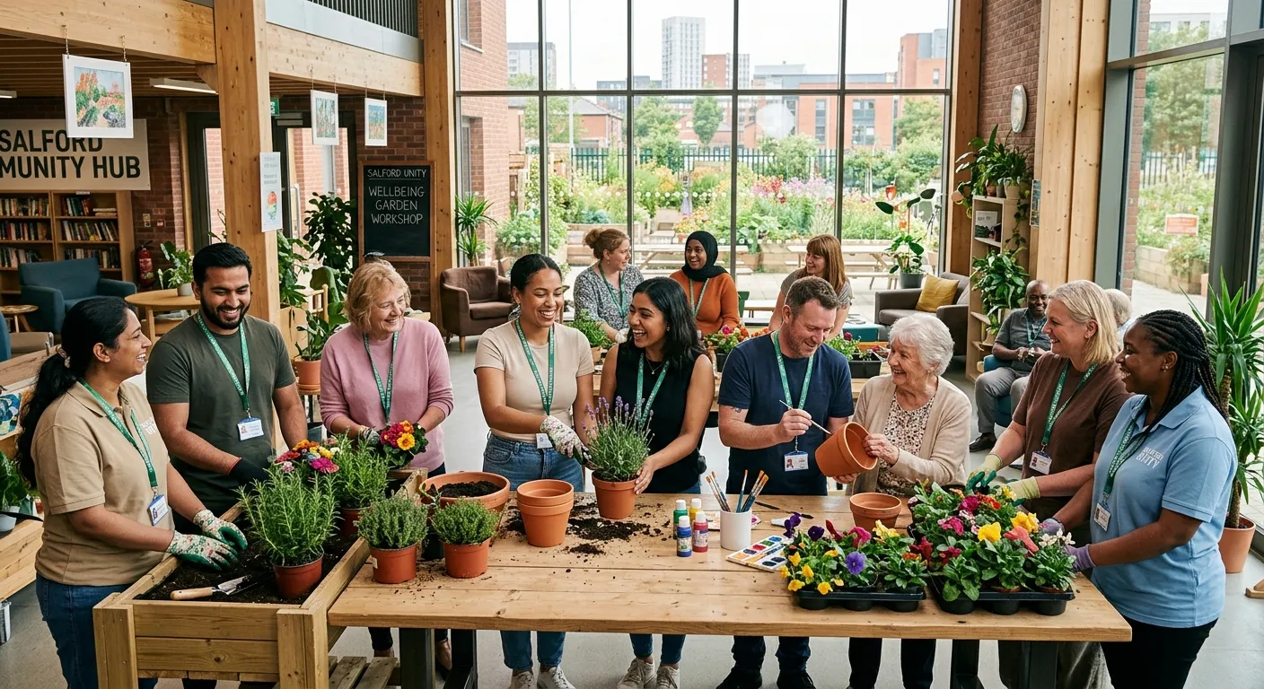 A compassionate, diverse group of Mental Health Support Workers and service users engaging in a positive, collaborative activity like gardening or art in a bright, modern community centre in Salford.