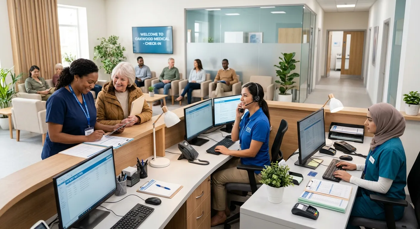 A diverse, professional team of medical receptionists working efficiently in a modern, brightly lit clinic reception area. One is assisting a patient, another is on the phone, and a third is using a computer. Style: Professional, warm, high-resolution stock photo. Mood: Organized, welcoming, and competent.