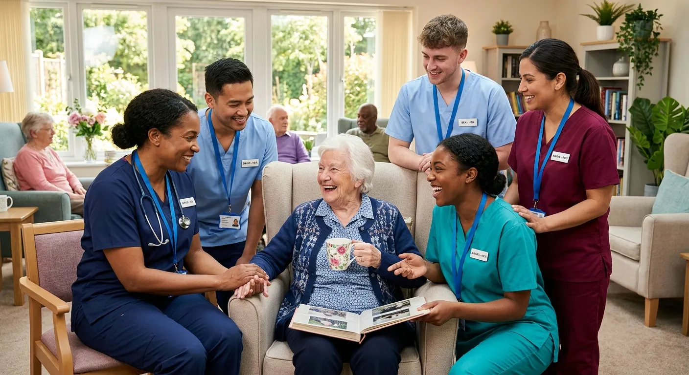 A professional, warm photograph of a diverse team of Healthcare Assistants and a nurse in a modern,... A professional, warm photograph of a diverse team of Healthcare Assistants and a nurse in a modern, sunlit nursing home lounge, smiling and interacting with an elderly resident. The image should convey compassion, teamwork, and a positive care environment.