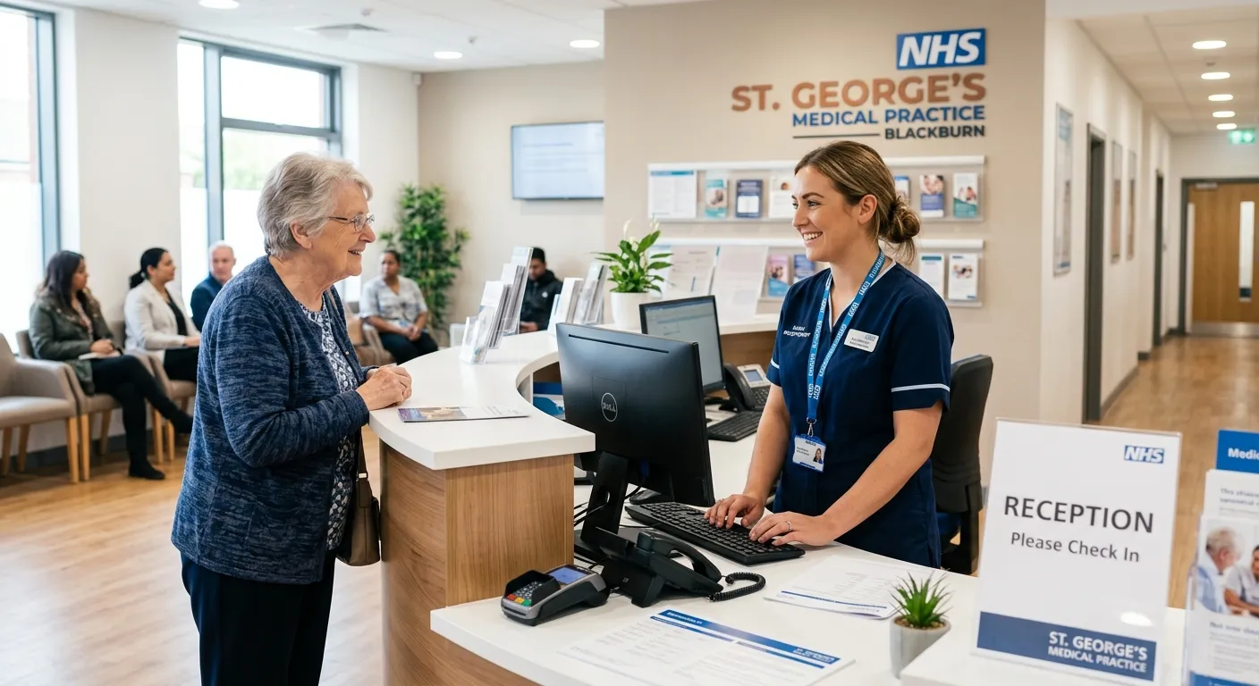 A professional, welcoming image of a modern medical reception desk in a clinic or GP surgery in Blackburn. A friendly receptionist is smiling while assisting a patient. Style: Bright, clean, and professional. Mood: Trustworthy and efficient.