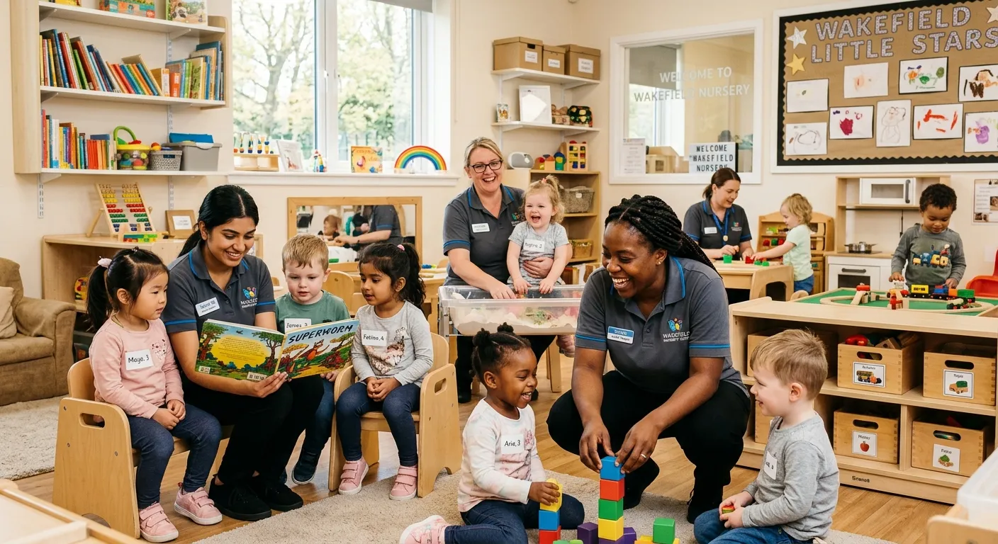 A warm, professional photo of a diverse group of Nursery Nurses engaging happily with children in a... A warm, professional photo of a diverse group of Nursery Nurses engaging happily with children in a bright, well-equipped nursery setting in Wakefield, conveying trust and care.