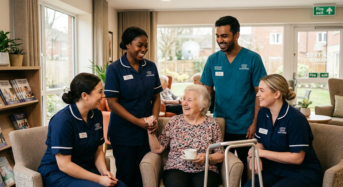 A diverse, professional group of Care Assistants and Support Workers smiling in a modern care home setting in Leeds, wearing uniforms, engaged in positive interaction with a resident. Warm, natural lighting, professional and compassionate mood.