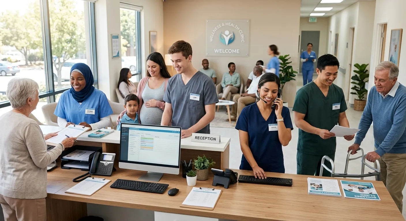 A professional, diverse team of medical receptionists in a modern clinic setting, smiling and assisting patients at a bright, organized front desk.