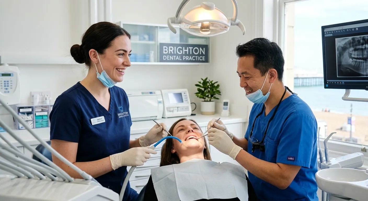 A professional, smiling Dental Nurse in a modern, bright dental clinic in Brighton, assisting a dent... A professional, smiling Dental Nurse in a modern, bright dental clinic in Brighton, assisting a dentist with a patient. The image should convey competence, cleanliness, and a positive healthcare environment.