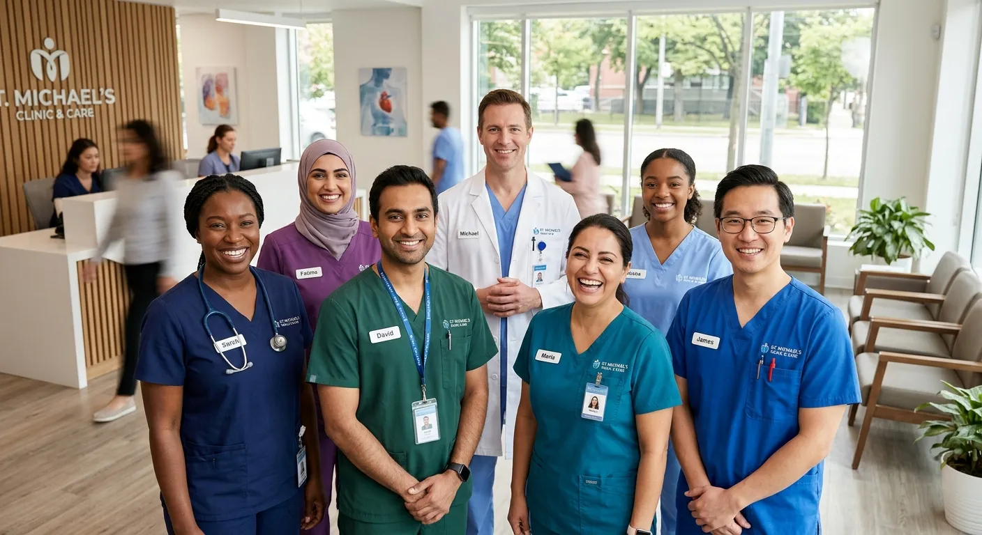 A diverse, professional group of healthcare and support workers in scrubs and uniforms, smiling confidently in a bright, modern clinic or office setting. Style: Professional, warm, and trustworthy. Mood: Competent and compassionate.
