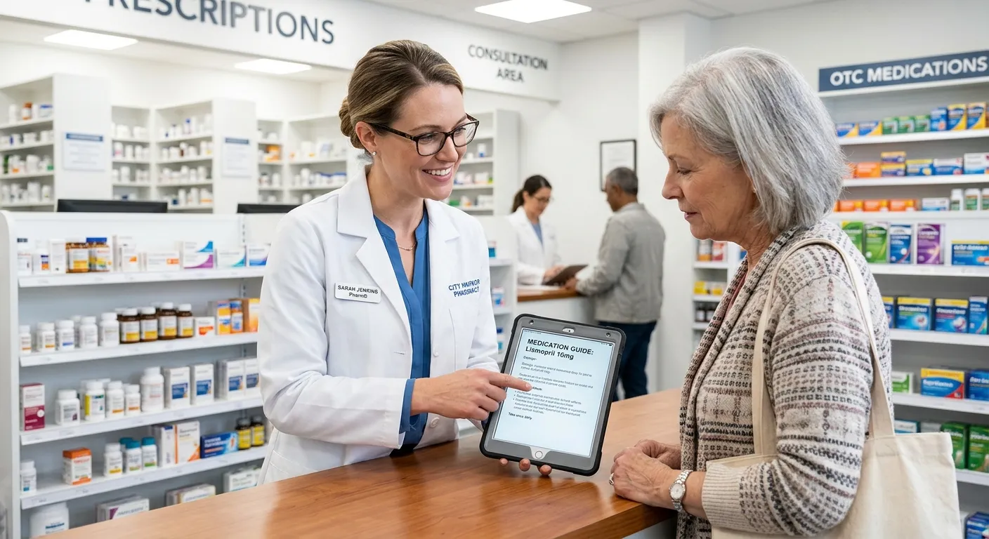 A modern, professional pharmacist in a well-lit pharmacy consulting with a patient. The pharmacist is pointing to medication information on a tablet screen. Style: Bright, crisp, and authoritative. Mood: Trustworthy, knowledgeable, and contemporary.