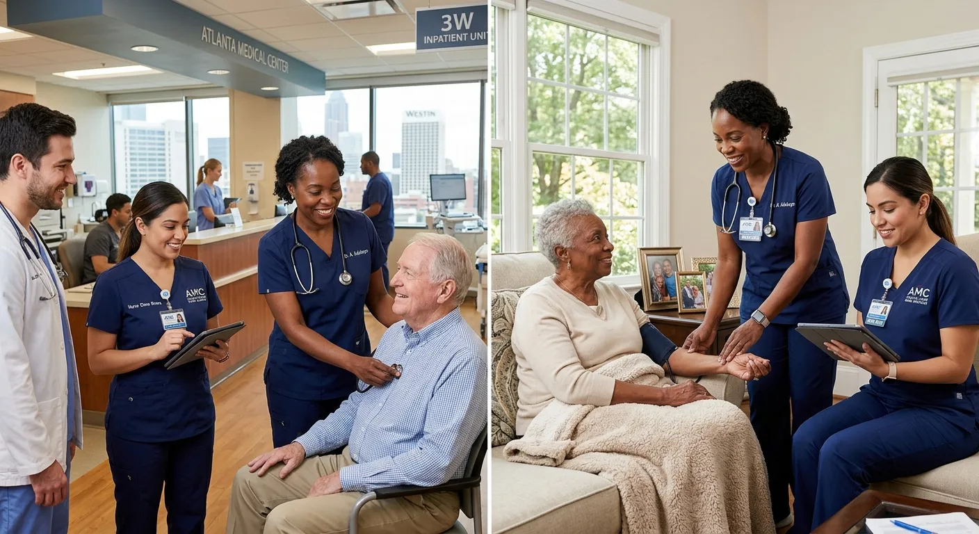 Modern healthcare team in Atlanta hospital and home care settings, clean professional style, warm li... Modern healthcare team in Atlanta hospital and home care settings, clean professional style, warm lighting, trustworthy mood
