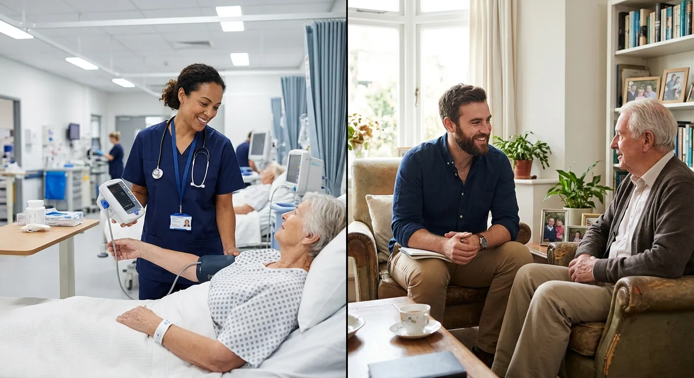 A split-screen image showing a confident female nurse in scrubs checking a patient's vitals on a hos... A split-screen image showing a confident female nurse in scrubs checking a patient's vitals on a hospital ward on one side, and a compassionate male nurse in casual clothes having a conversation with a client in a comfortable living room setting on the other.