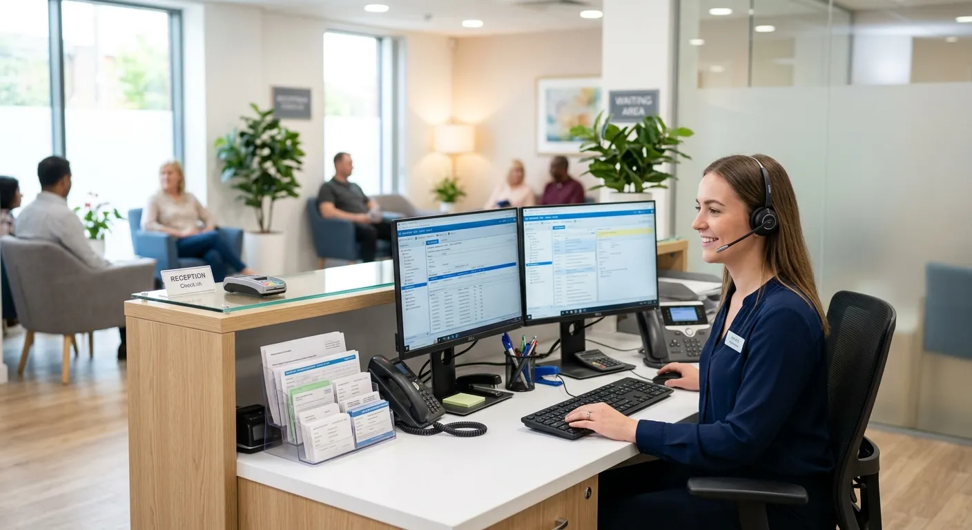A modern, clean medical reception desk with a dual monitor setup showing a clinical software system... A modern, clean medical reception desk with a dual monitor setup showing a clinical software system (e.g., SystmOne), a telephone headset, and organised stationery, with a blurred background of a comfortable waiting area.