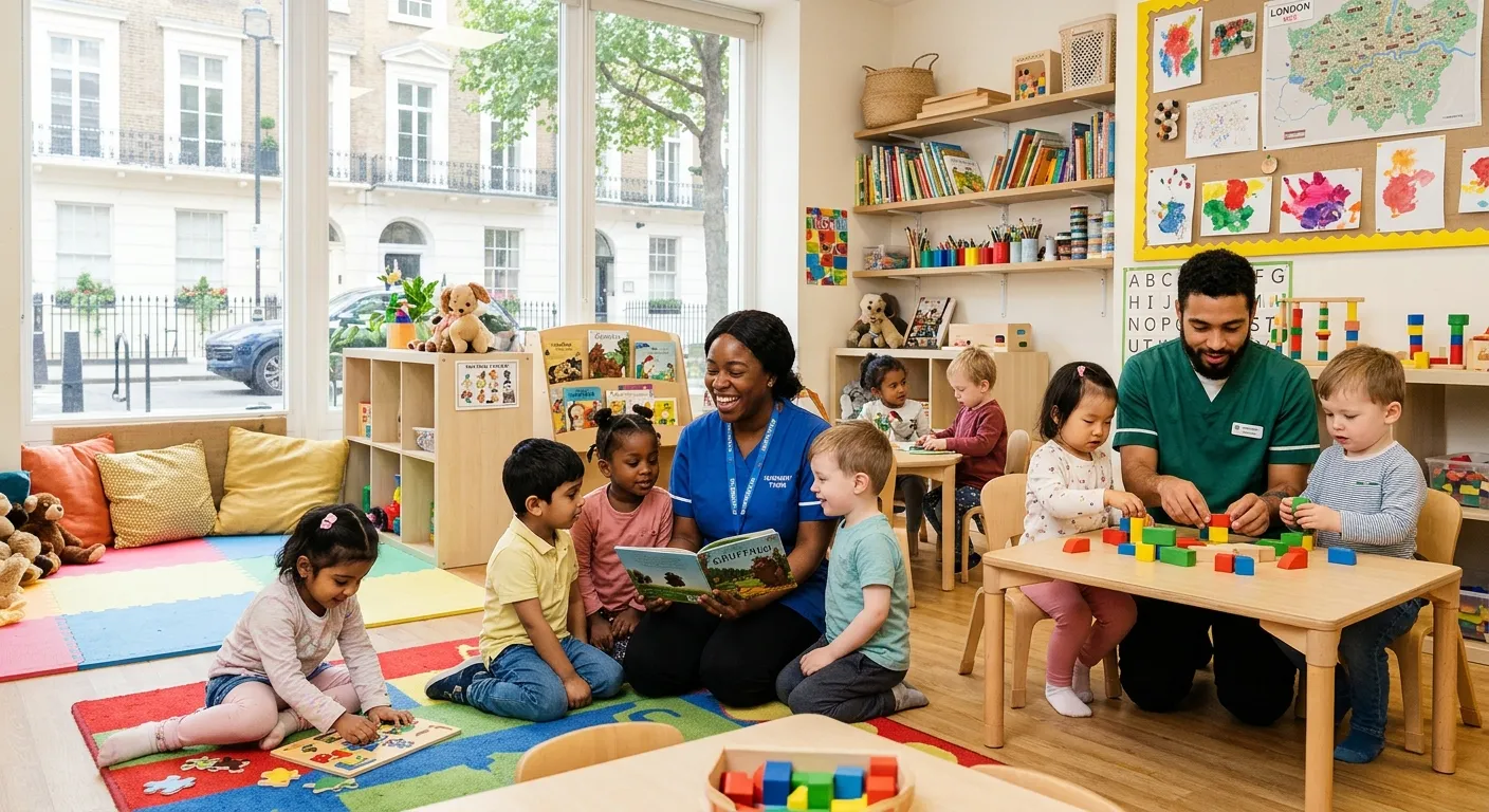 A bright, welcoming modern nursery in London WC2. A diverse group of early years practitioners engaging with children in a colourful, safe learning environment. Professional and warm mood.