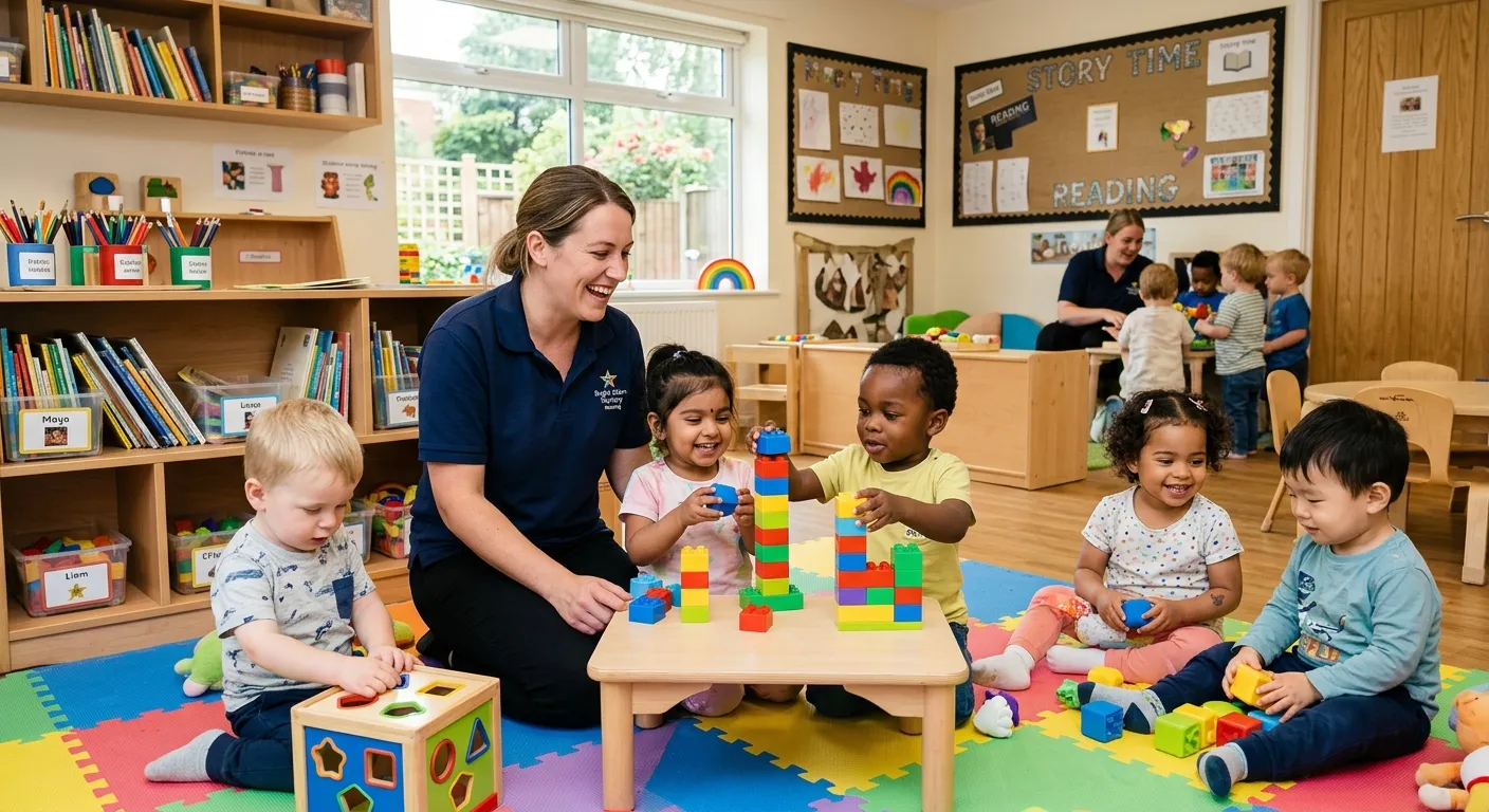A warm, professional photograph of a nursery nurse in a bright, well-equipped Reading nursery, smiling and engaging with a small group of diverse toddlers during a play activity. The style should be authentic, high-quality, and convey a sense of trust and care.