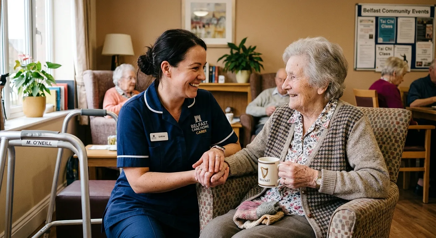 A compassionate, professional Care Worker in a care home setting in Belfast, gently assisting an elderly resident with a warm smile. Style: Professional, realistic, heartwarming. Mood: Trustworthy, caring, and community-focused.