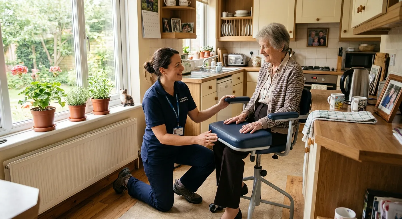 A professional Occupational Therapist in a community setting, kneeling and demonstrating the use of... A professional Occupational Therapist in a community setting, kneeling and demonstrating the use of a perching stool to an elderly client in their own kitchen. Sunlight streams through a window. The image should feel warm, professional, and focused on enabling independence.