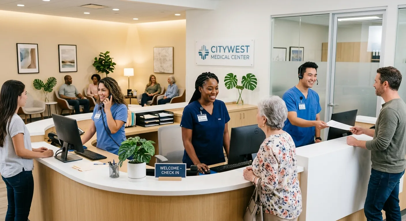 A professional, well-lit photograph of a friendly, diverse clinic receptionist team at a modern medi... A professional, well-lit photograph of a friendly, diverse clinic receptionist team at a modern medical front desk. They are smiling and assisting patients, with a clean, organized, and welcoming healthcare environment in the background. Style: professional healthcare, mood: competent, warm, and efficient.