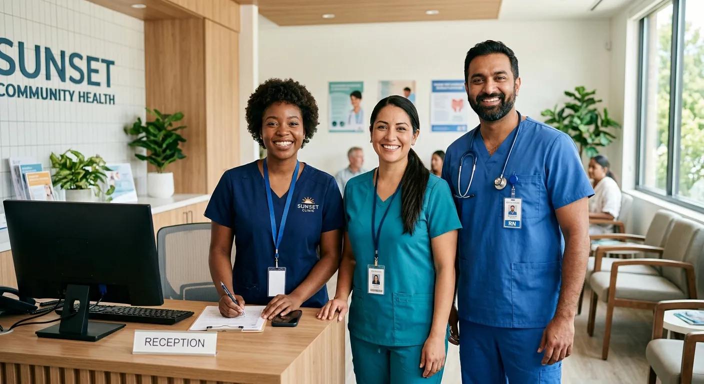 A professional, diverse team of healthcare workers including a dental receptionist, a care assistant, and a nurse, smiling in a modern clinic or care home setting. Bright, welcoming mood with natural light.