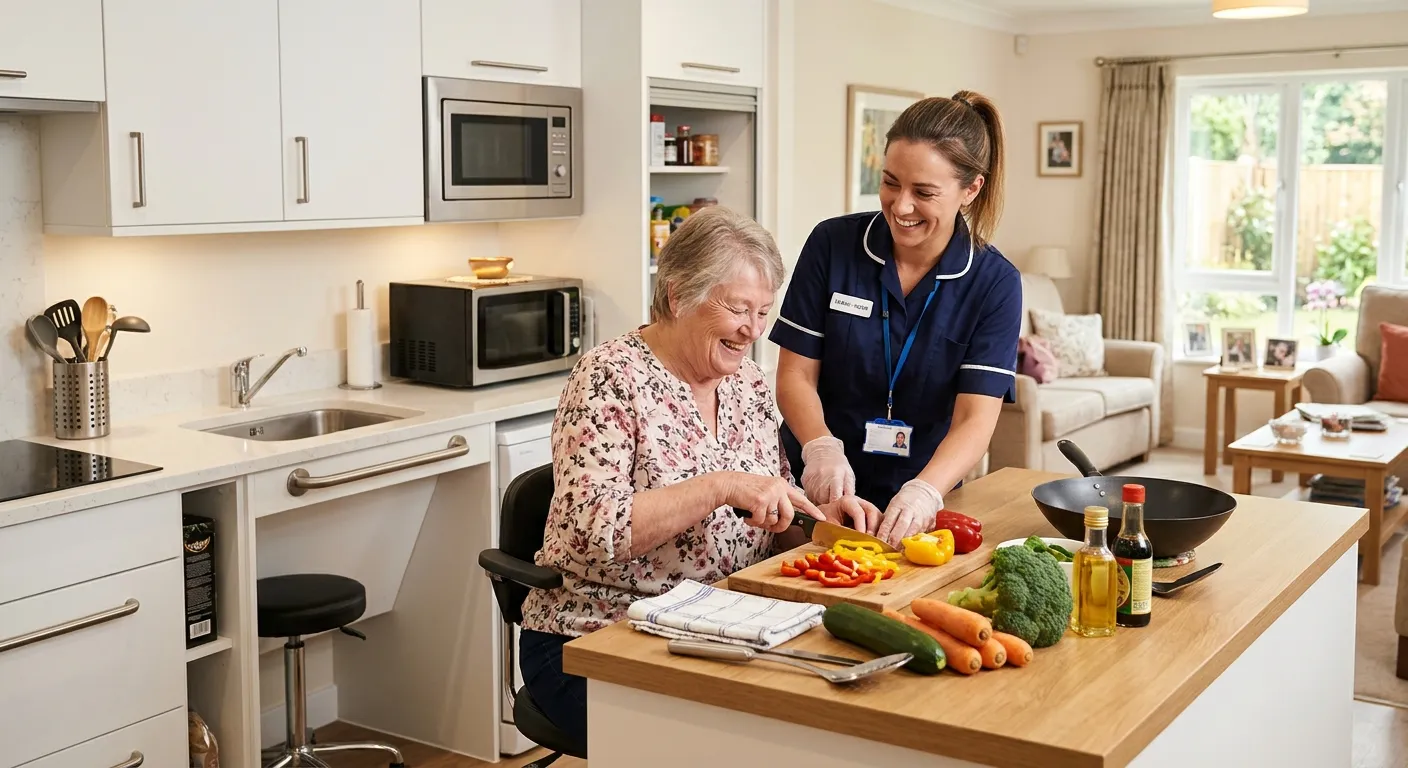 A friendly Healthcare Support Worker assisting a client with meal preparation in a modern, accessible kitchen in a supported living apartment.