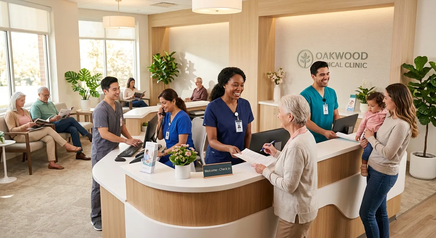 Professional, welcoming medical office reception area with a diverse front desk team in modern scrubs, smiling and assisting patients. Bright, clean clinic aesthetic with warm lighting.